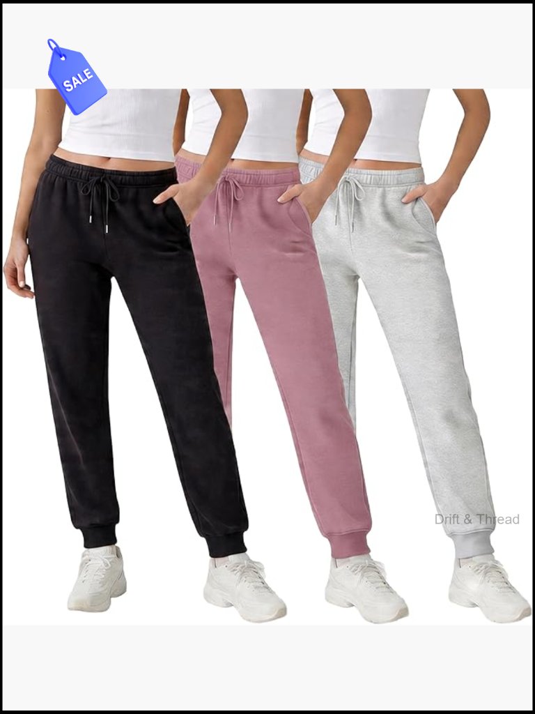 3 Pack Fleece Joggers For Women, Slim Fit, Deep Pockets, Elastic Drawstring